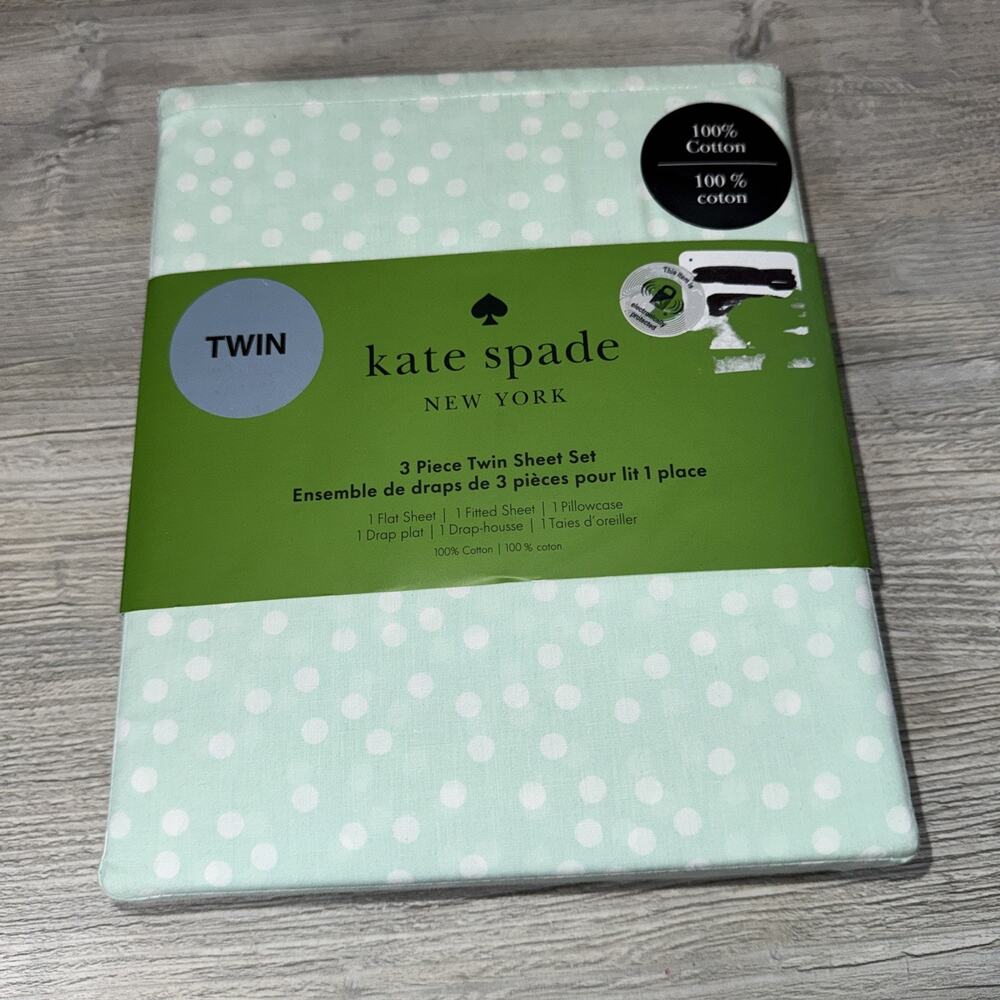 Kate Spade New York 3 Piece Twin Sheet Set 100% Cotton Powder Blue W/ Polka Dots